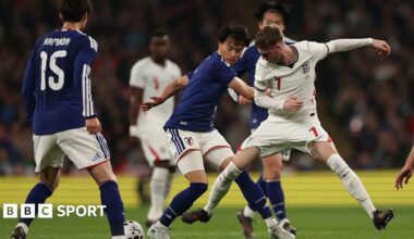 England head coach Thomas Tuchel shows frustration on his face and with an outstretched hand gesture as he watches from the touchline during the friendly against Japan at Wembley