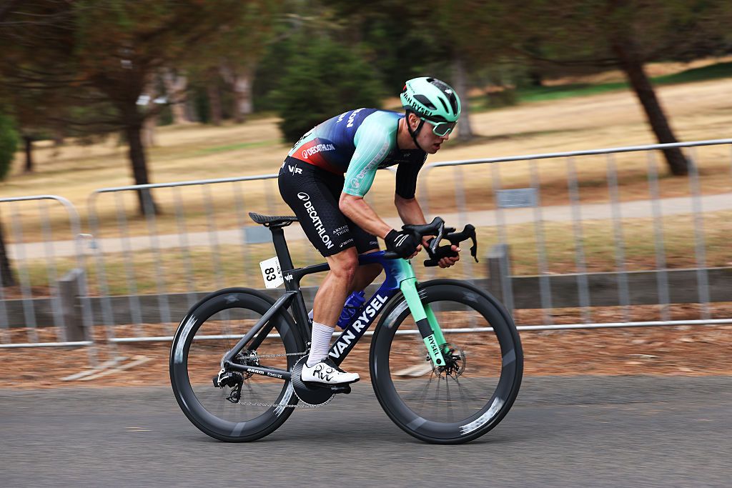 GEELONG, AUSTRALIA - JANUARY 29: Pierre Gautherat of France and Team DECATHLON CMA CGM TEAM competes during the Cadel&amp;apos;s Criterium 2026, Men&amp;apos;s Elite a 50km one day race from Geelong to Geelong on January 29, 2026 in Geelong, Australia. (Photo by Con Chronis/Getty Images)