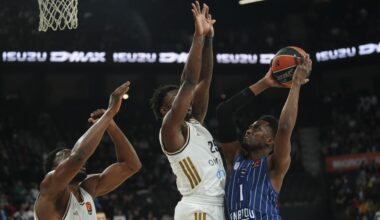 Anadolu Efes’ Rodrigue Beaubois and Dubai’s McKinley Wright IV (25) compete for the ball during a EuroLeague week 17 match between Anadolu Efes and Dubai at Turkcell Basketball Development Center in Istanbul, Türkiye, Dec. 19, 2025. (AA Photo)