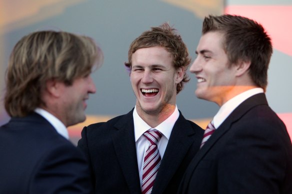 Kieran Foran (right) with Daly Cherry-Evans and then coach Des Hasler at Manly in 2012.