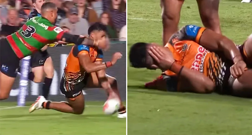 Latrell Mitchell, pictured here accidentally whacking Heamasi Makasini in the face.