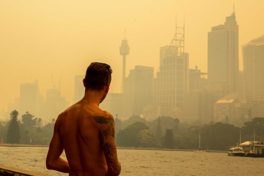 A man looks over a smokey Sydney skyline during the Black Summer bushfires