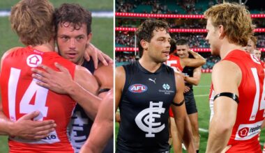Broadcast video of Ollie Florent and Callum Mills embrace, handshake snub, pictures, tense exchange, Sydney Swans vs Carlton Blues, latest news