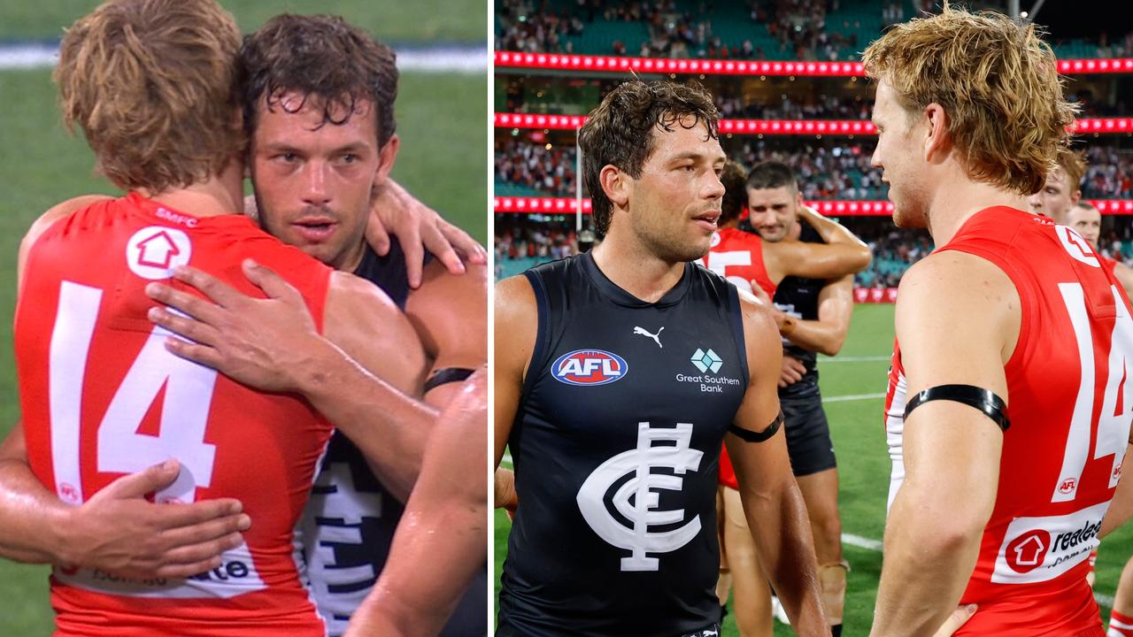 Broadcast video of Ollie Florent and Callum Mills embrace, handshake snub, pictures, tense exchange, Sydney Swans vs Carlton Blues, latest news