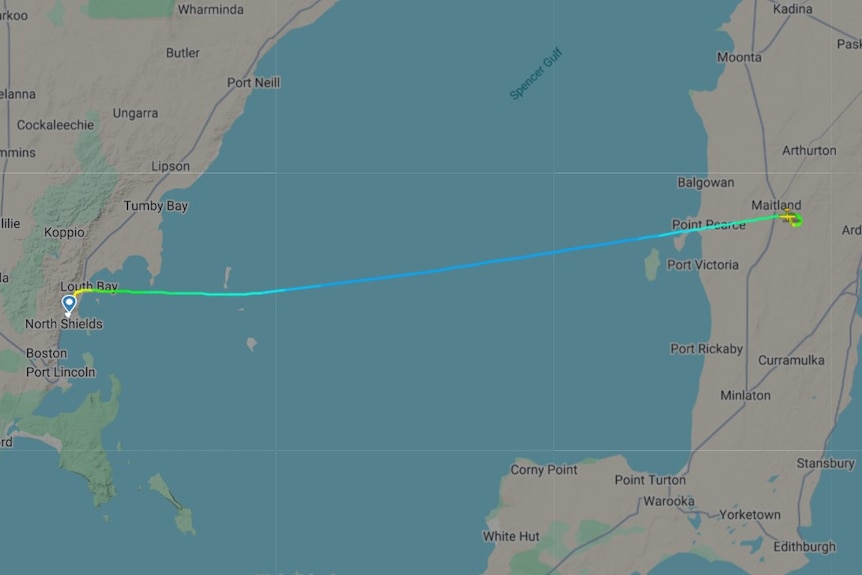 A flight map showing a flight from Maitland to Port Lincoln