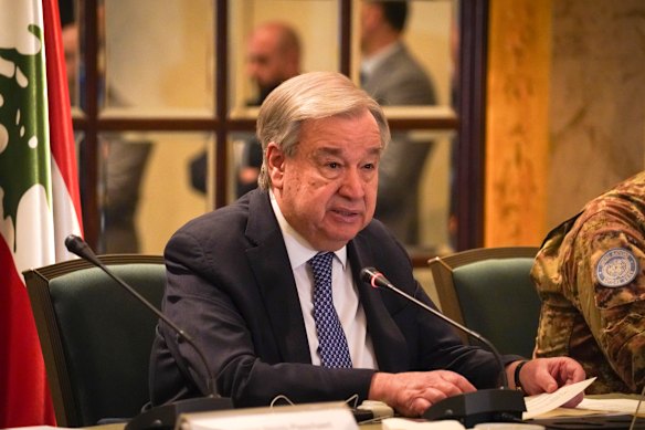 United Nations Secretary-General Antonio Guterres at a press conference in Beirut, Lebanon.