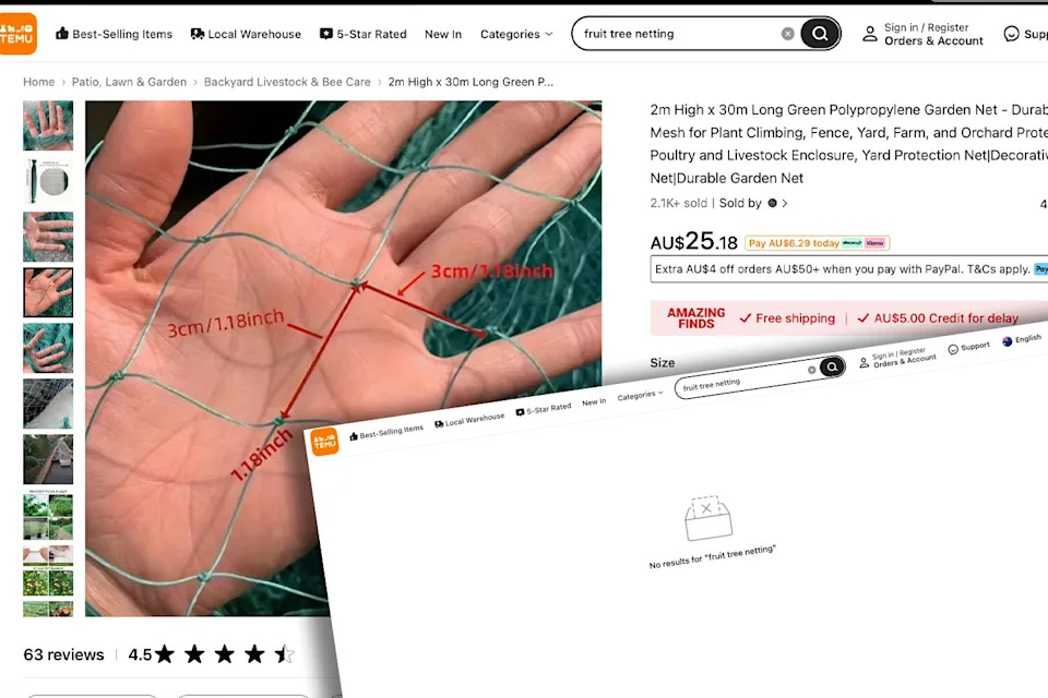 Screenshot from Temu website showing tree netting product. 