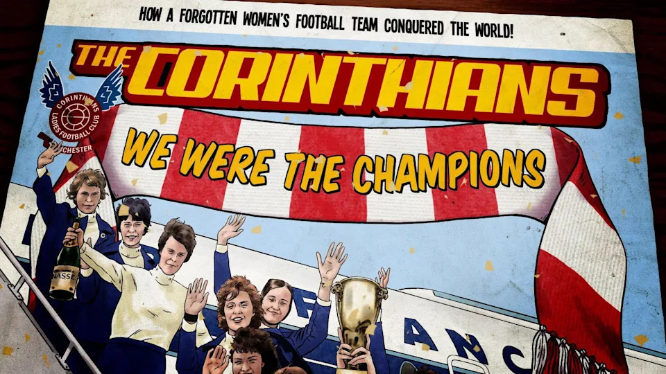 The front of a magazine depicts a group of women celebrating as they get off a plane, one is holding a bottle of champagne and another is holding a trophy. The text reads: "How a forgotten women's football team conquered the world".
There is a red and white scarf which reads: "We were the champions". 