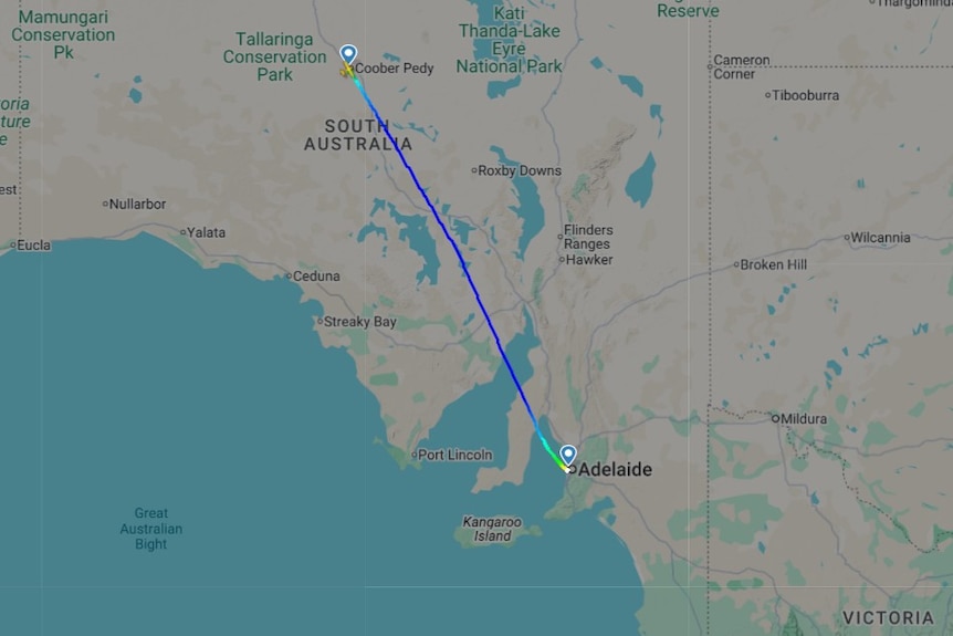 A flight map showing Coober Pedy to Adelaide