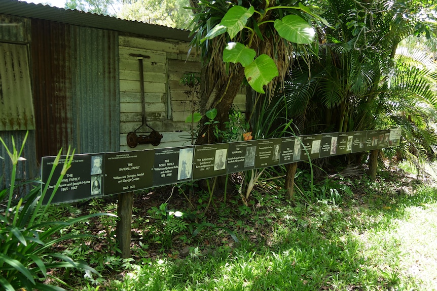 Awooden garden shed with a long sign below with picture of people and dates, surrounded by tropical trees.