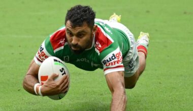 How many tries does Alex Johnston need to pass Ken Irvine?, try-scoring record, all-time list, South Sydney Rabbitohs vs Sydney Roosters