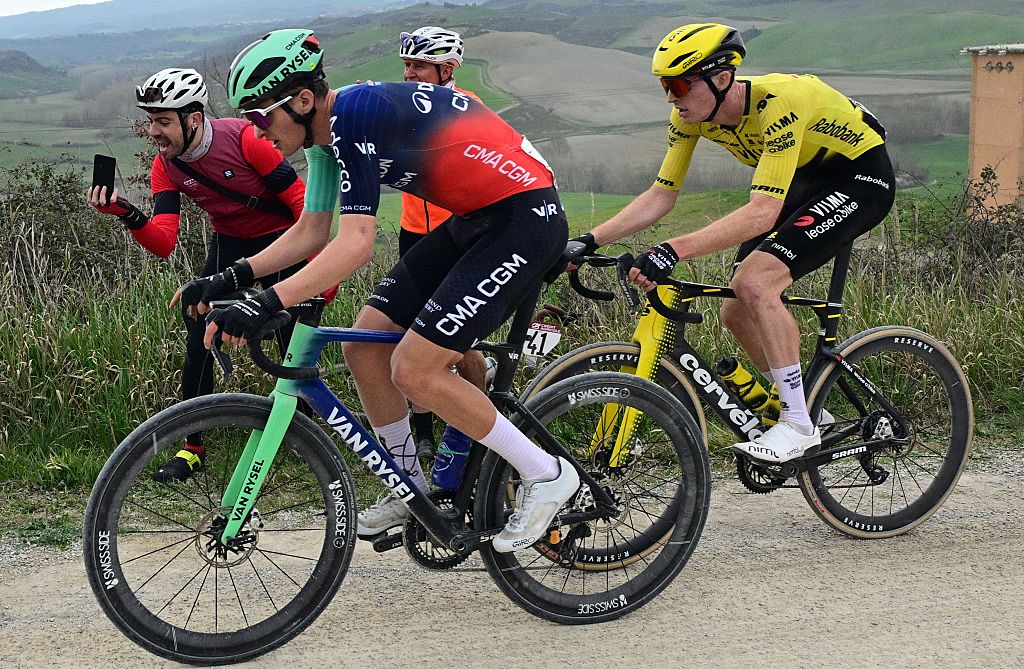 French Paul Seixas of Decathlon CMA CGM Team and American Matteo Jorgenson of Team Visma-Lease a Bike pictured in action during the men elite 'Strade Bianche' one day cycling race, 203km from and to Siena, Italy on Saturday 07 March 2026. BELGA PHOTO DIRK WAEM (Photo by DIRK WAEM / BELGA MAG / Belga via AFP)