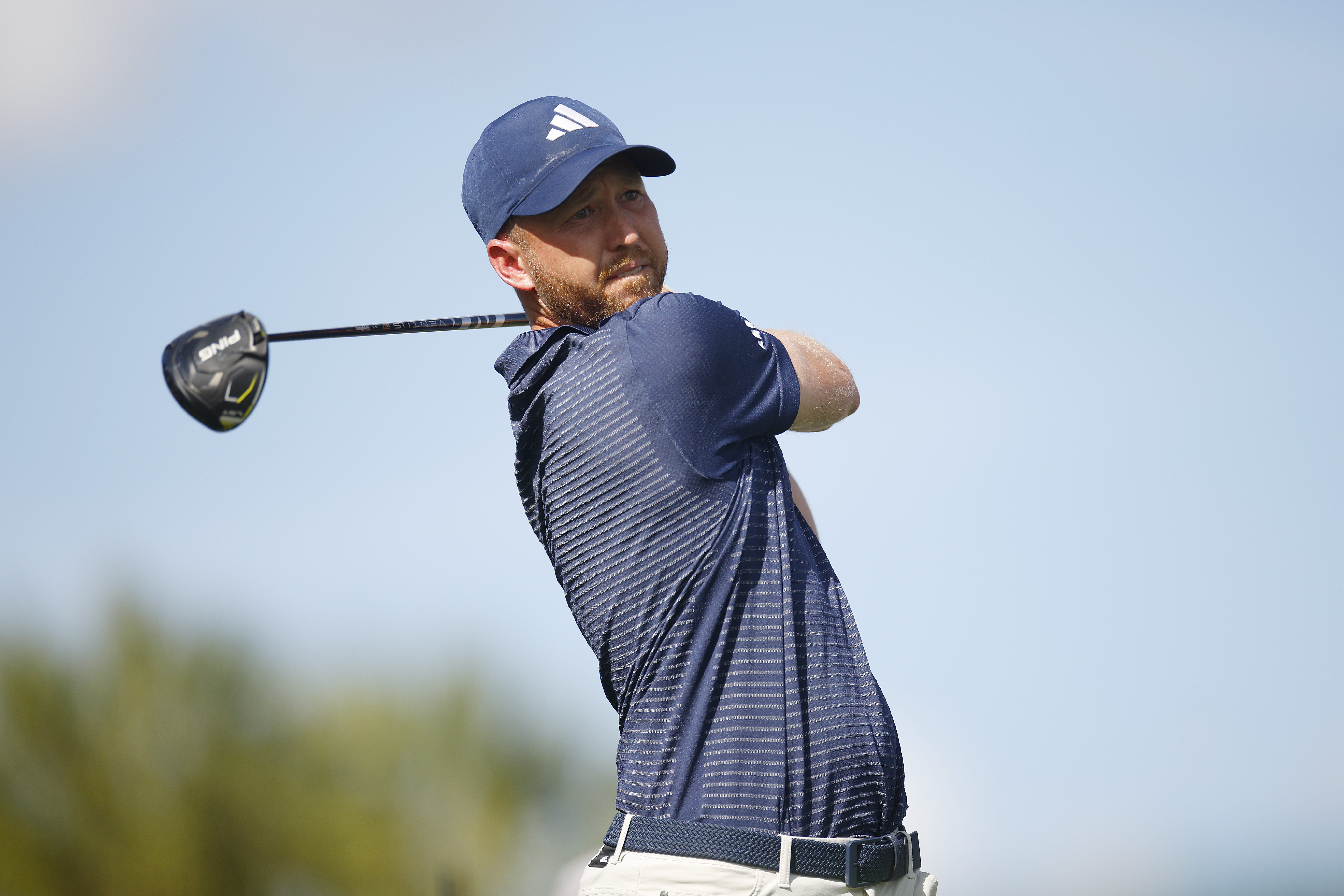 Daniel Berger hits a driver off the tee