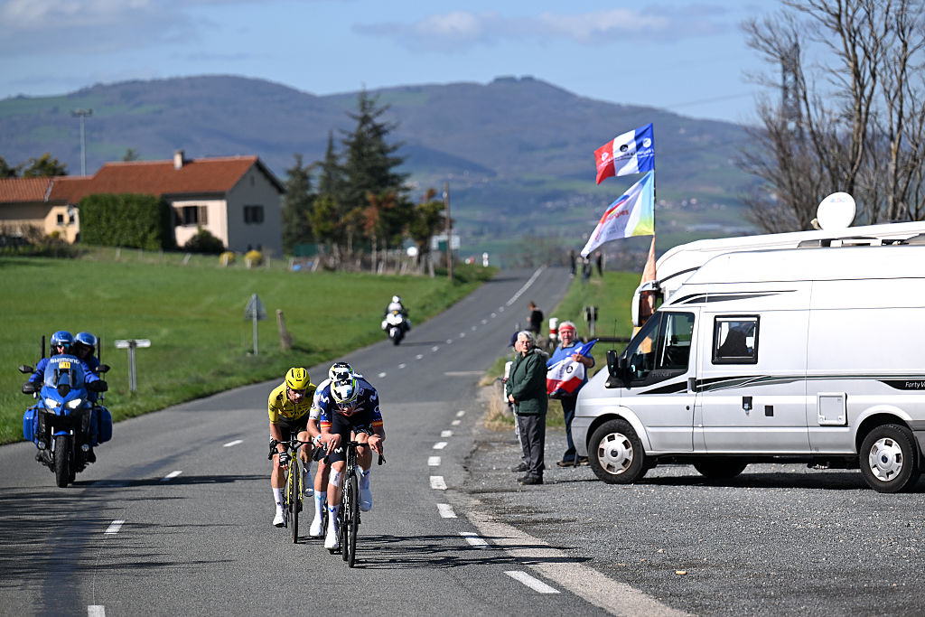 COLOMBIER-LE-VIEUX, FRANCE - MARCH 12: Ivan Romeo of Spain and Team Movistar leads the in the chase group during the 84th Paris-Nice 2026, Stage 5 a 206.3km stage from Cormoranche-sur-Saone to Colombier-le-Vieux 422m / #UCIWT / on March 12, 2026 in Colombier-le-Vieux, France. (Photo by Szymon Gruchalski/Getty Images)