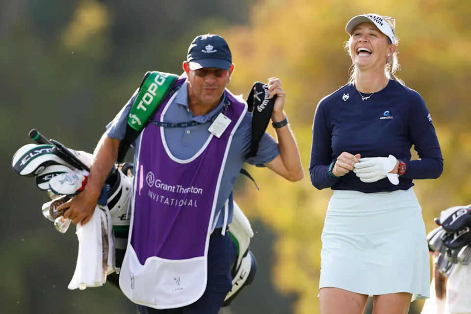 Jessica Korda shares a laugh with her caddie during the 2025 Grant Thornton Invitational