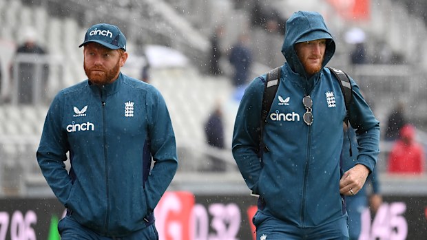 Jonny Bairstow and Ben Stokes of England arrive ahead of Day Four of the LV= Insurance Ashes 4th Test Match between England and Australia at Emirates Old Trafford on July 22, 2023 in Manchester, England. (Photo by Alex Davidson/Getty Images)