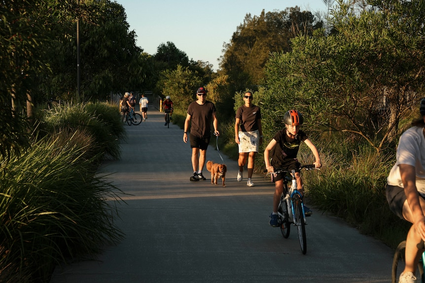 people ride bikes and walk along a path at sunset time