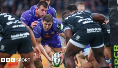 Lewis Pearson makes a move towards the tryline while playing for Exeter against Racing 92