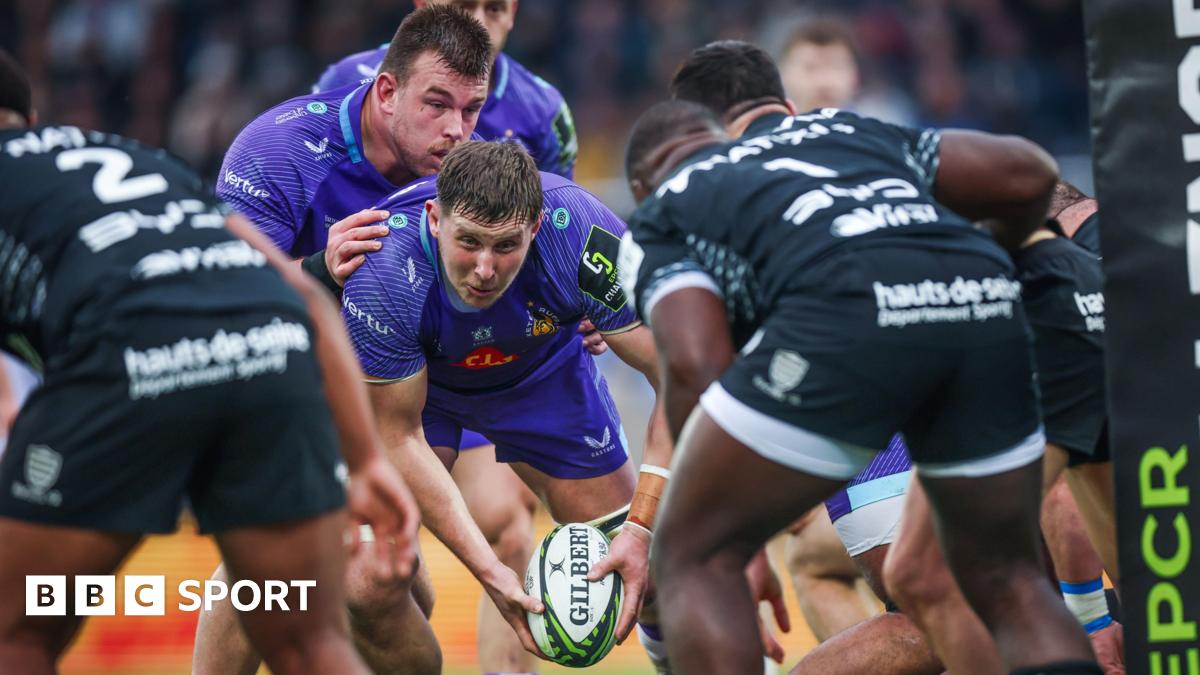 Lewis Pearson makes a move towards the tryline while playing for Exeter against Racing 92