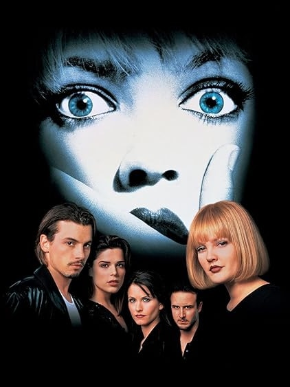 A movie poster for Scream (1996) featuring drew barrymore