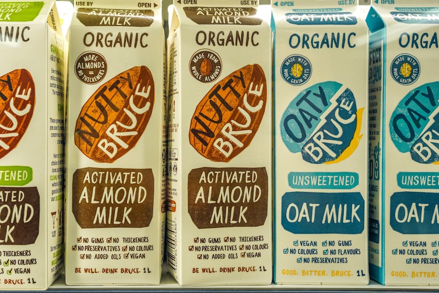 Plant milk, nut milk, oat milk under Nutty Bruce brand in a supermarket fridge