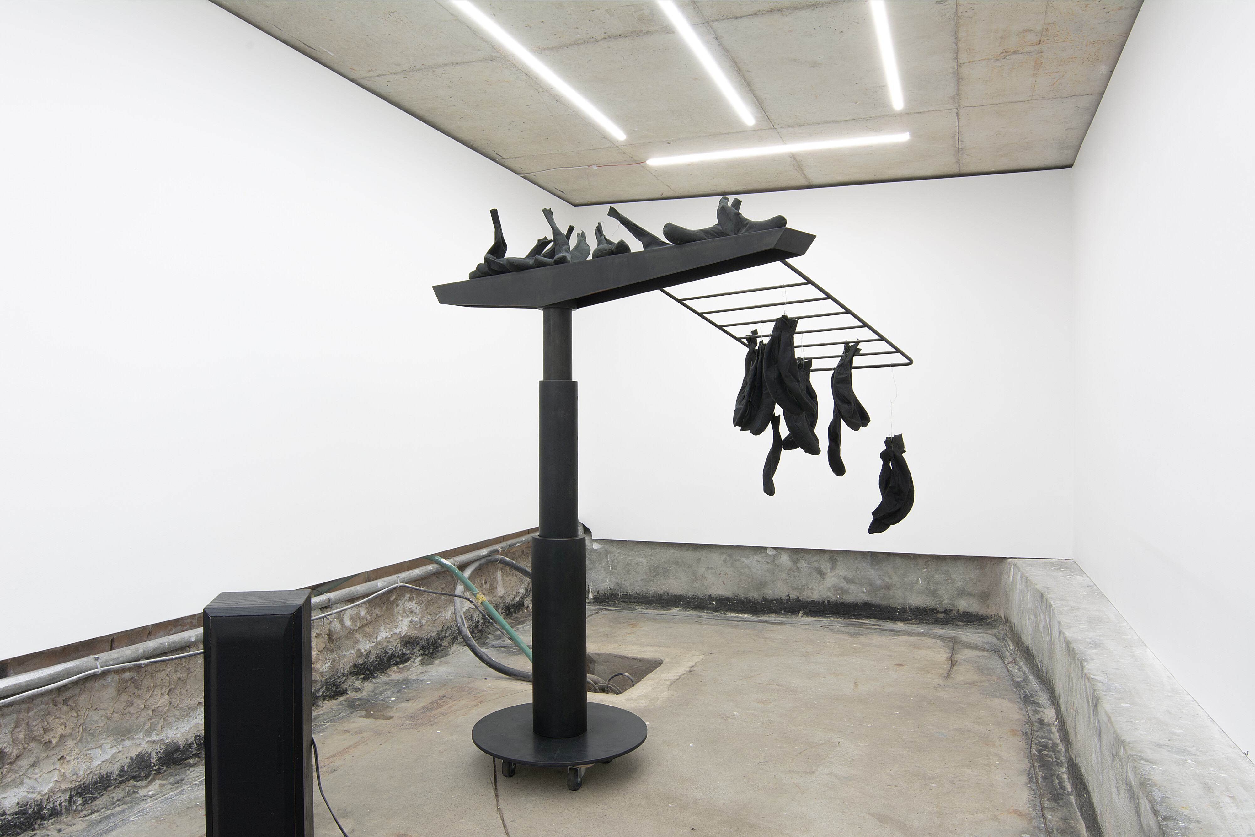 <p>Claire Lambe, <em>Keeping ripe fruit away from eve</em>, 2026, oilskin, sand, and steel, dimensions vary. Photo: Darcy Guttridge</p>