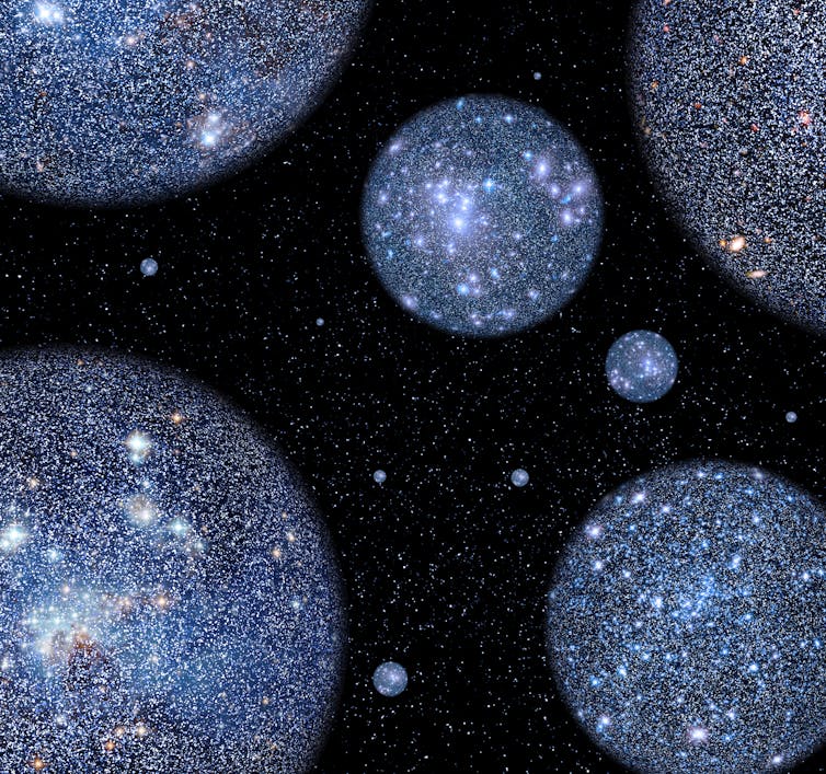 Illustration of sparkly blue spheres against a black background