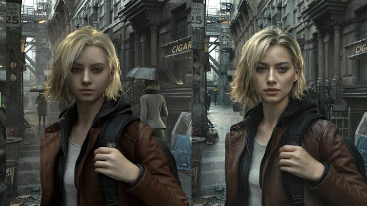 Two versions of an image of a woman in a video game - one with more detail and more conventionally attractive.
