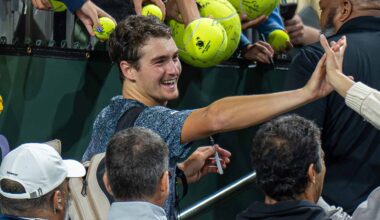 Joao Fonseca thanks the fans after defeating Raphael Collignon Wednesday evening to reach the second round at Indian Wells.