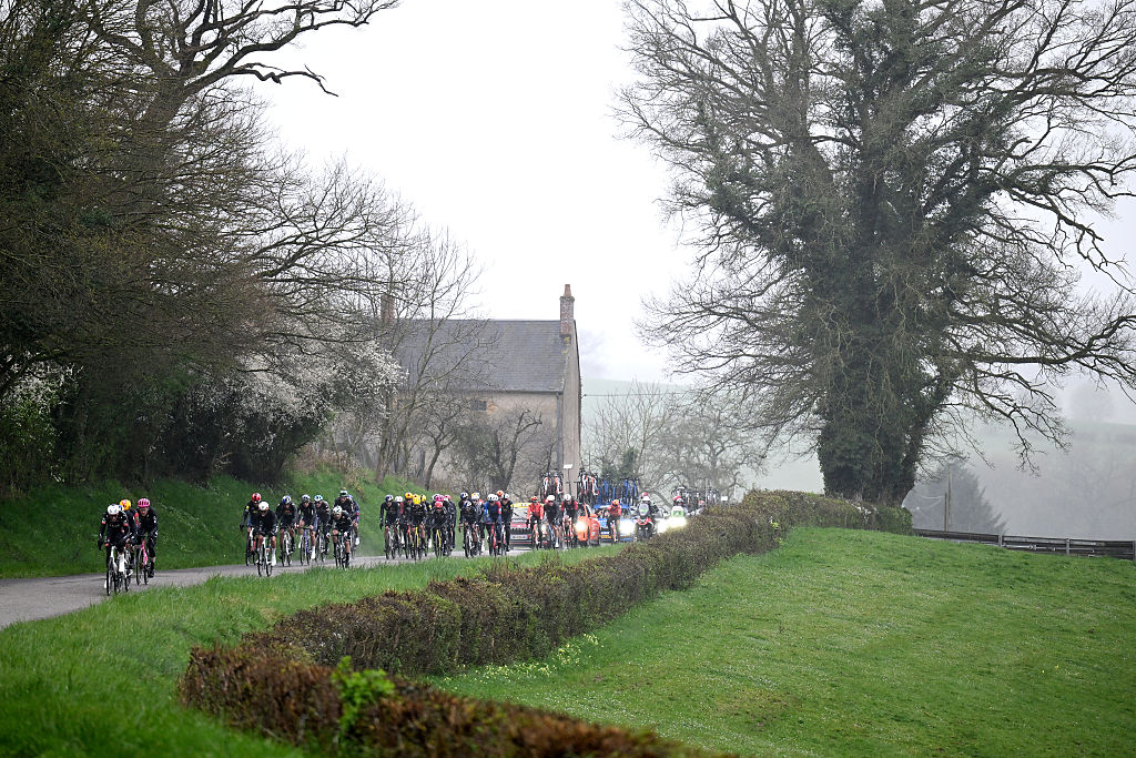 UCHON, FRANCE - MARCH 11: A general view of the peloton passing through a landscape during the 84th Paris-Nice 2026, Stage 4 a 195km stage from Bourges to Uchon / #UCIWT / on March 11, 2026 in Uchon, France. (Photo by Szymon Gruchalski/Getty Images)