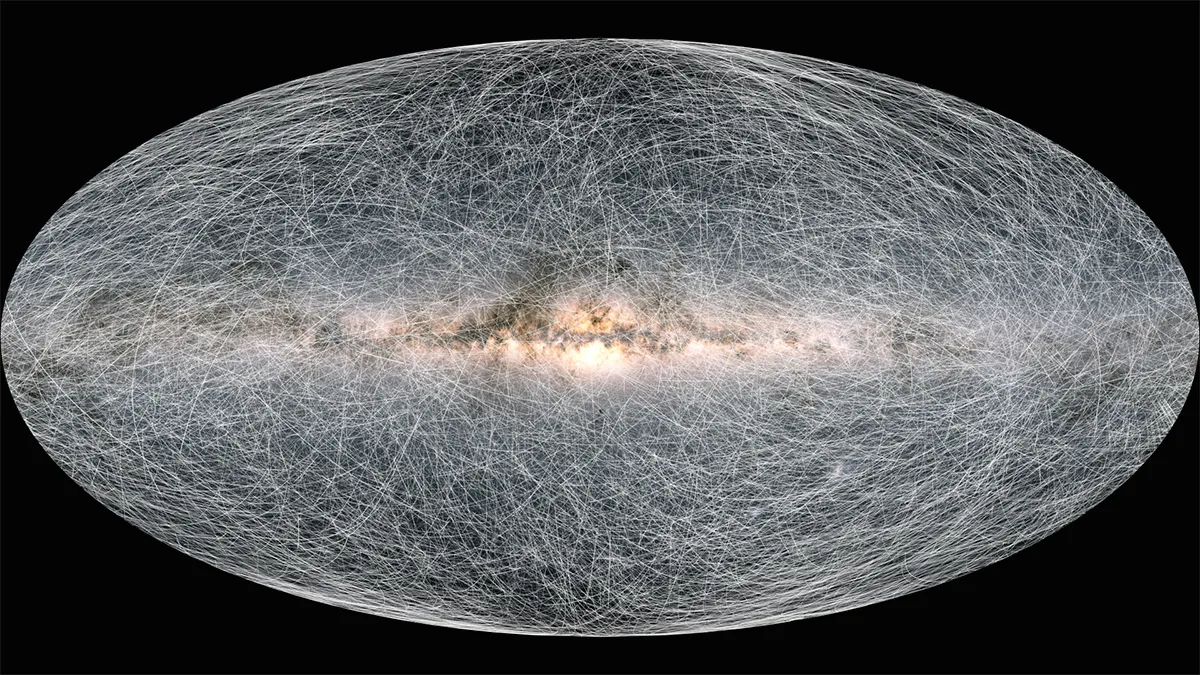 Trails on an image of the Milky Way showing how 40,000 nearby stars will move across the sky in the next 400 thousand years. Credit: ESA/Gaia/DPAC; CC BY-SA 3.0 IGO. Acknowledgement: A. Brown, S. Jordan, T. Roegiers, X. Luri, E. Masana, T. Prusti and A. Moitinho