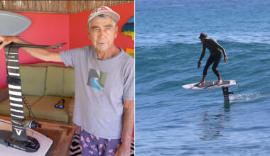 Gerry Lopez with his NSP Pelican foil board