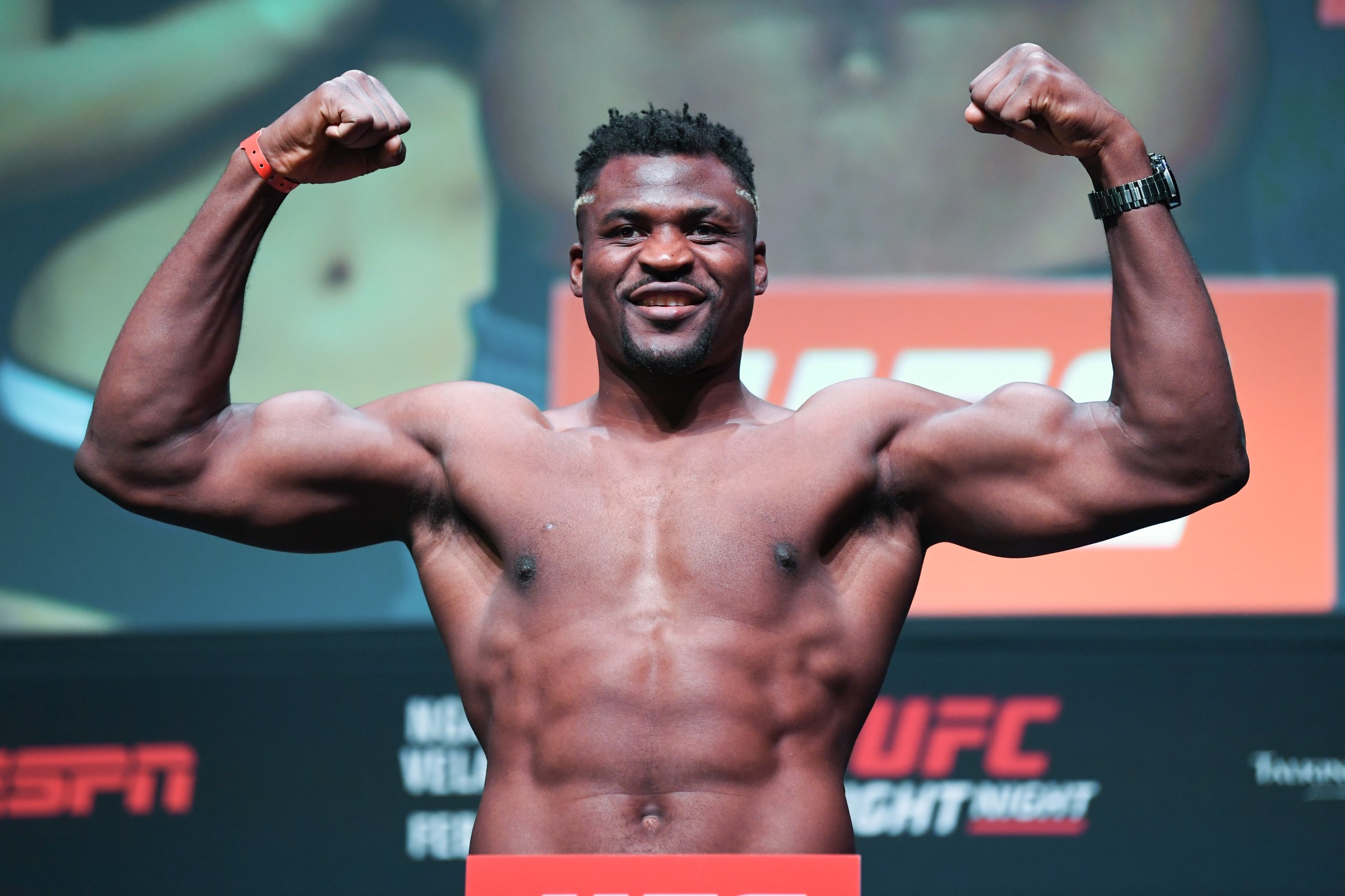 PHOENIX, ARIZONA - FEBRUARY 16: Francis Ngannou of Cameroon poses on the scale during the UFC Fight Night weigh-in at Comerica Theatre on February 16, 2019 in the Phoenix, Arizona. (Photo by Josh Hedges/Zuffa LLC/Zuffa LLC via Getty Images)