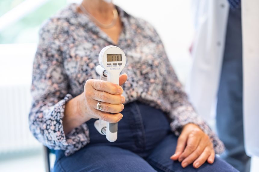 A hand dynamometer can easily measure grip strength in a clinic or at home.