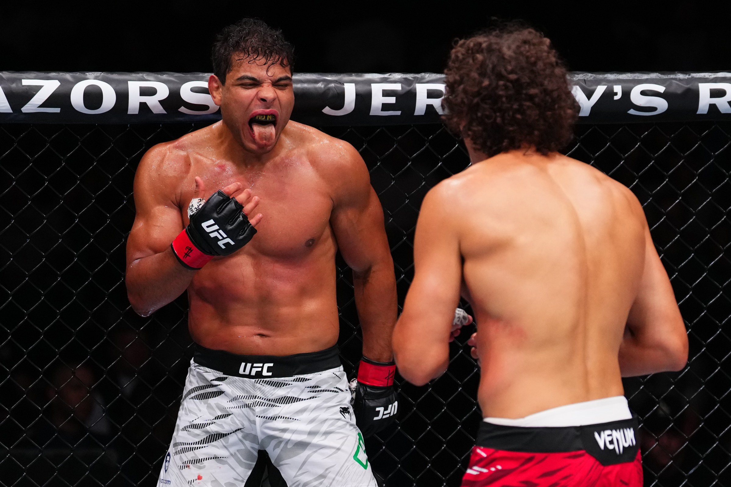NEW ORLEANS, LOUISIANA - JULY 19: Paulo Costa of Brazil reacts against Roman Kopylov of Russia in a middleweight bout during the UFC 318 event at Smoothie King Center on July 19, 2025 in New Orleans, Louisiana. (Photo by Cooper Neill/Zuffa LLC)