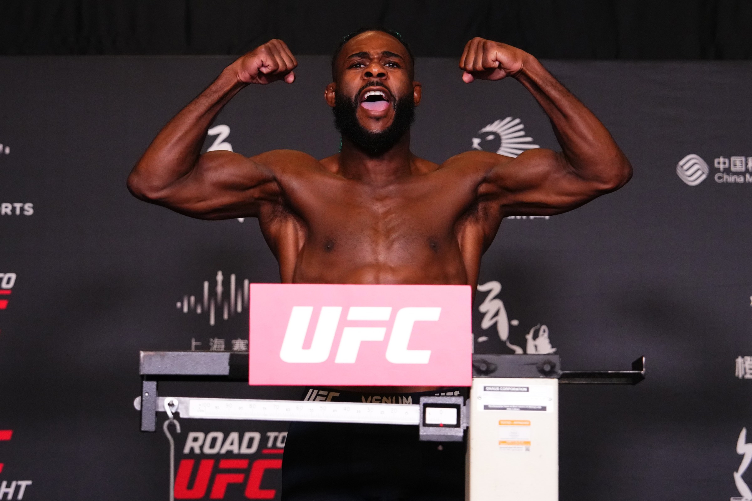 SHANGHAI, CHINA - AUGUST 22: Aljamain Sterling poses on the scale during the UFC Fight Night weigh-in at the Hengshan Garden Hotel on August 22, 2025 in Shanghai, China. (Photo by Jeff Bottari/Zuffa LLC)