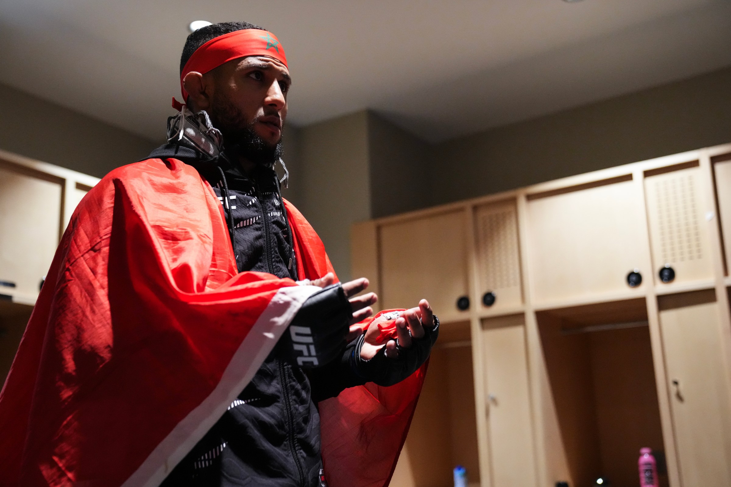 LAS VEGAS, NEVADA - OCTOBER 04: Youssef Zalal of Morocco warms up prior to his fight during the UFC 320 event at T-Mobile Arena on October 04, 2025 in Las Vegas, Nevada. (Photo by Mike Roach/Zuffa LLC)