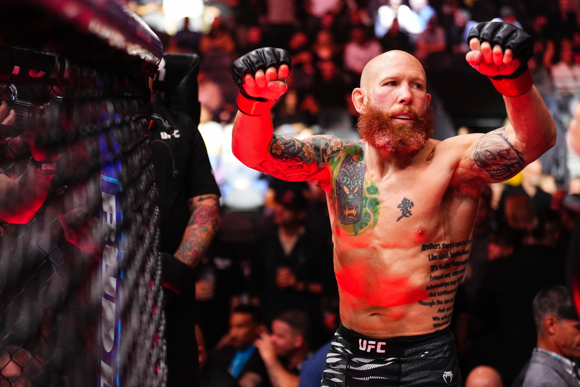 LAS VEGAS, NEVADA - OCTOBER 04: Josh Emmett enters the Octagon in a featherweight fight during the UFC 320 event at T-Mobile Arena on October 04, 2025 in Las Vegas, Nevada. (Photo by Jeff Bottari/Zuffa LLC)