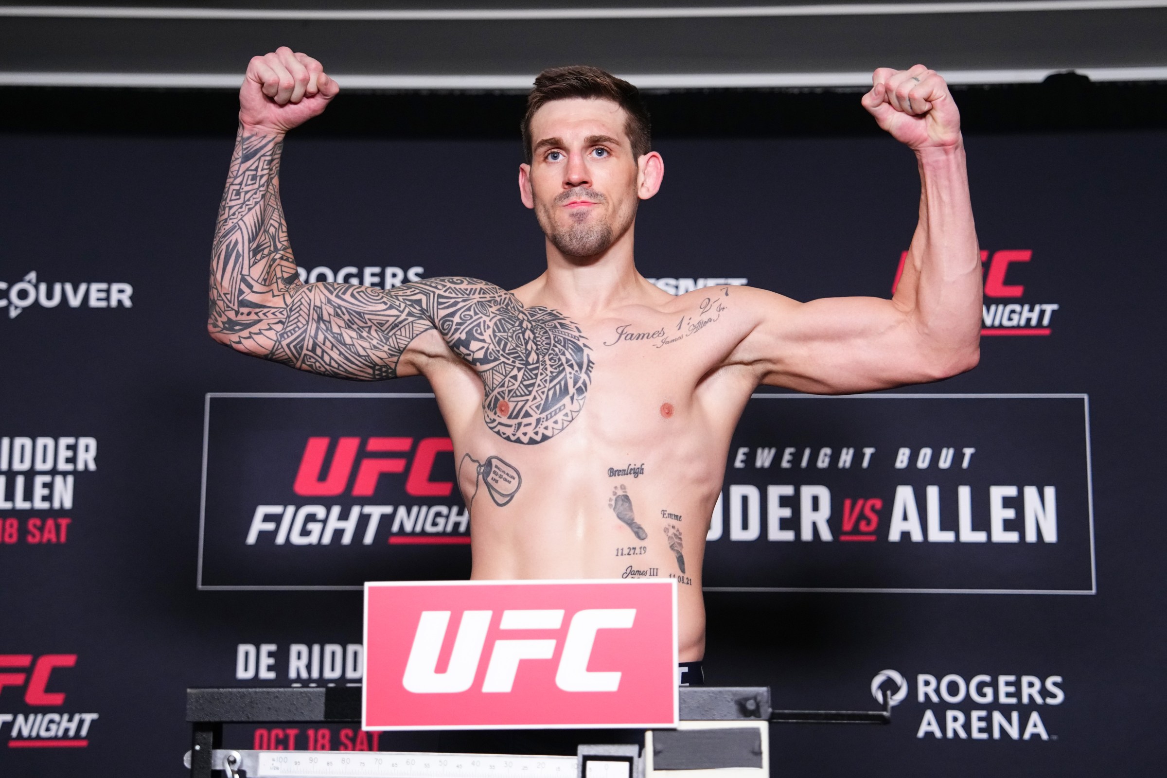 VANCOUVER, BRITISH COLUMBIA - OCTOBER 17: Brendan Allen poses on the scale during the UFC Fight Night official weigh-ins at Hyatt Regency Vancouver on October 17, 2025 in Vancouver, British Columbia. (Photo by Jeff Bottari/Zuffa LLC)