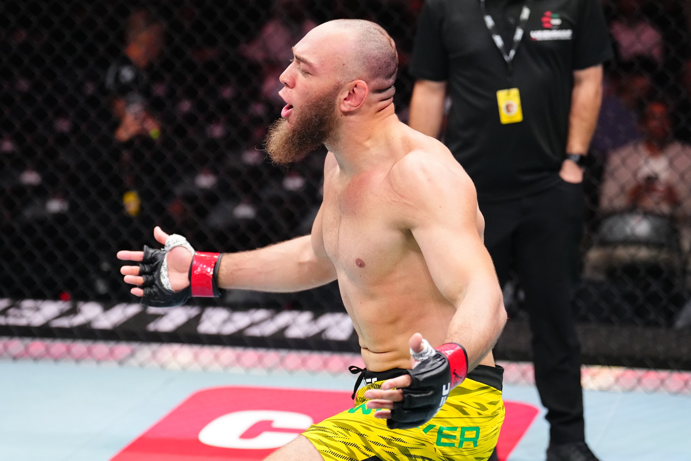 ABU DHABI, UNITED ARAB EMIRATES - OCTOBER 25: Valter Walker of Brazil reacts after a victory against Louie Sutherland of England in a heavyweight fight during the UFC 321 event at Etihad Arena on October 25, 2025 in Abu Dhabi, United Arab Emirates. (Photo by Chris Unger/Zuffa LLC)