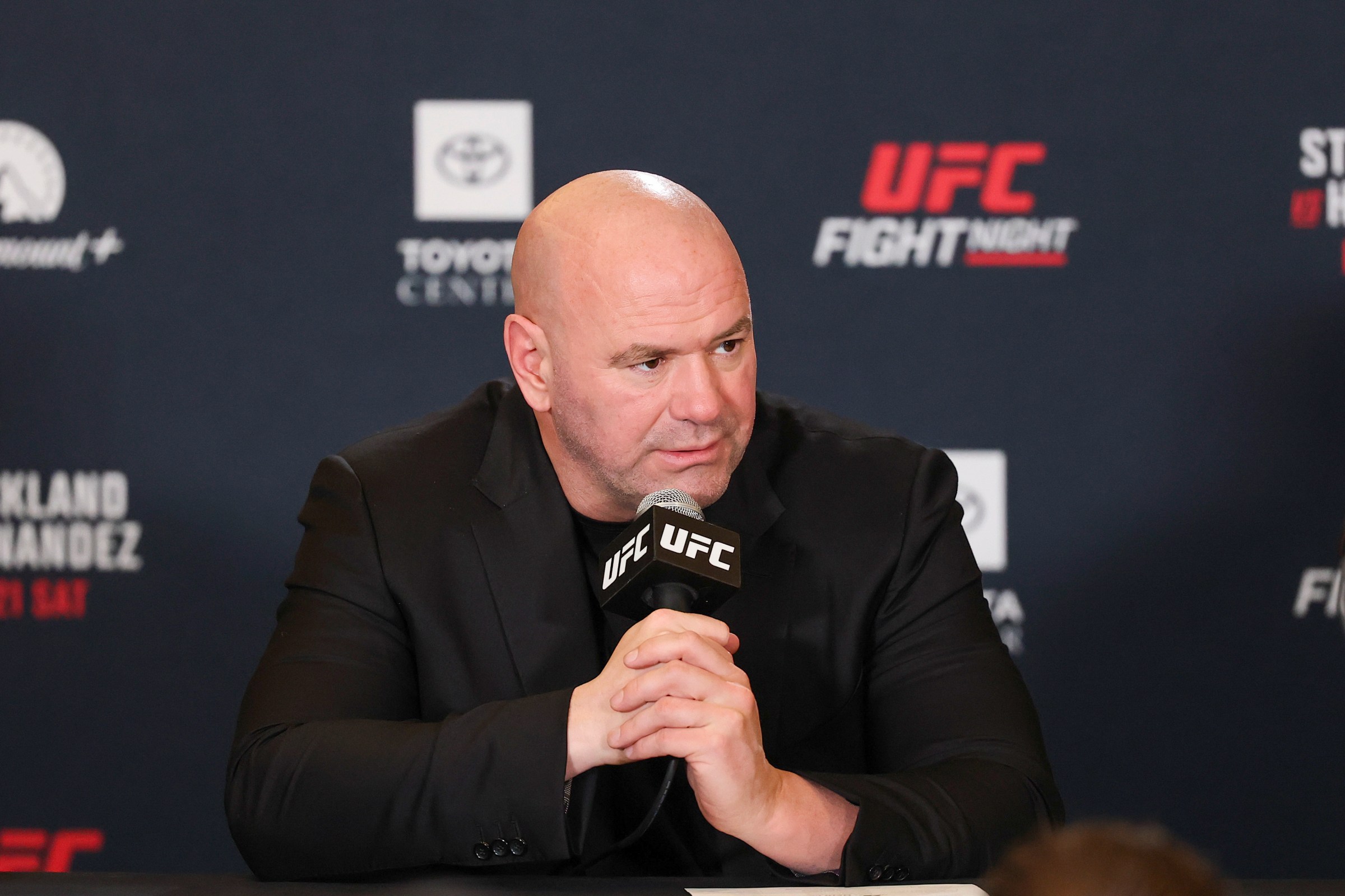 HOUSTON, TEXAS - FEBRUARY 21: Dana White speaks in the press conference after UFC Fight Night at Toyota Center on February 21, 2026 in Houston, Texas. (Photo by Jack Gorman/Getty Images)