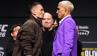 Max Holloway, Charles Oliveira share stoic faceoff ahead of ‘BMF’ title fight at UFC 326