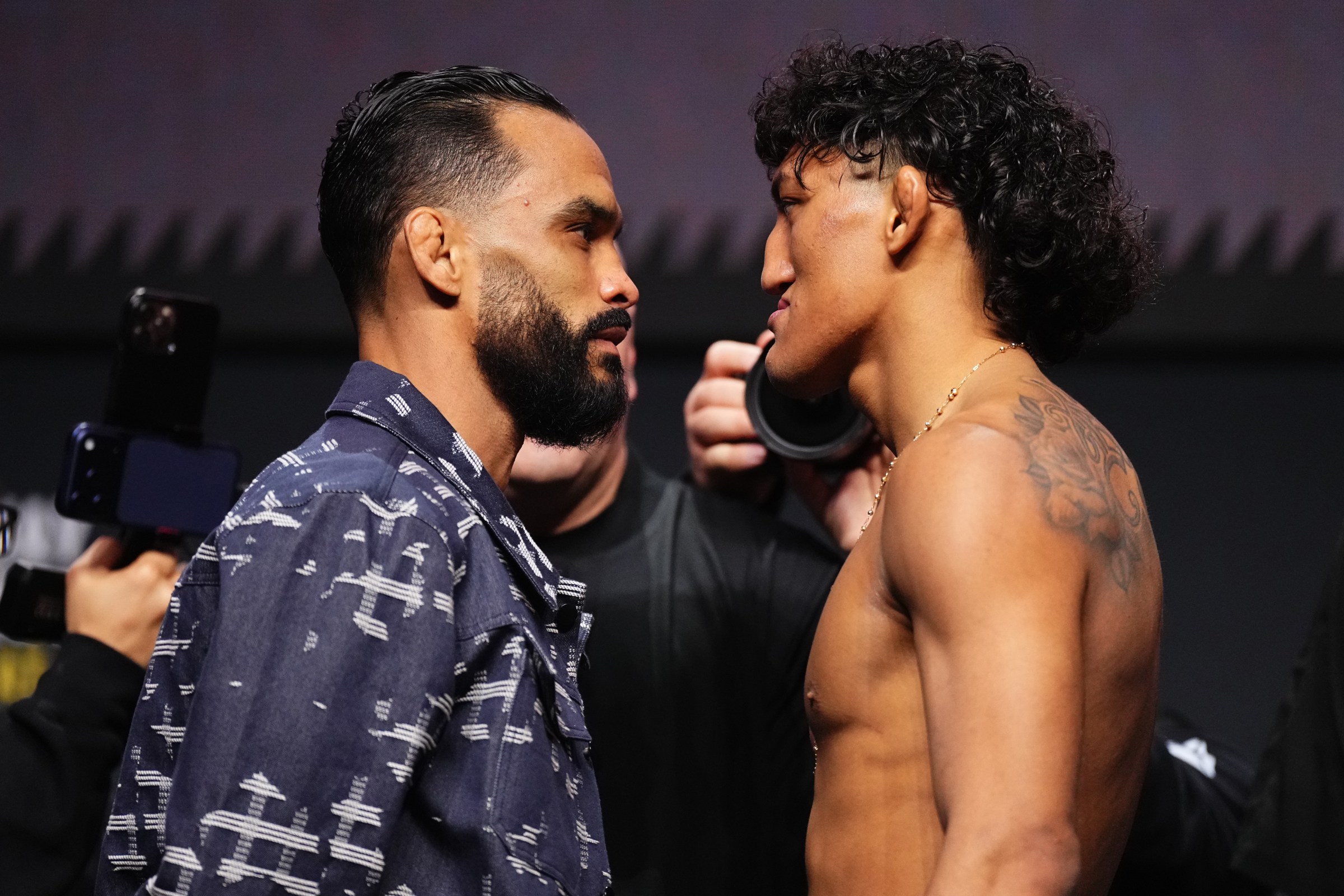LAS VEGAS, NEVADA - MARCH 05: (L-R) Opponents Rob Font and Raul Rosas Jr. face off during the UFC 326 press conference at MGM Grand Garden Arena on March 05, 2026 in Las Vegas, Nevada. (Photo by Jeff Bottari/Zuffa LLC)