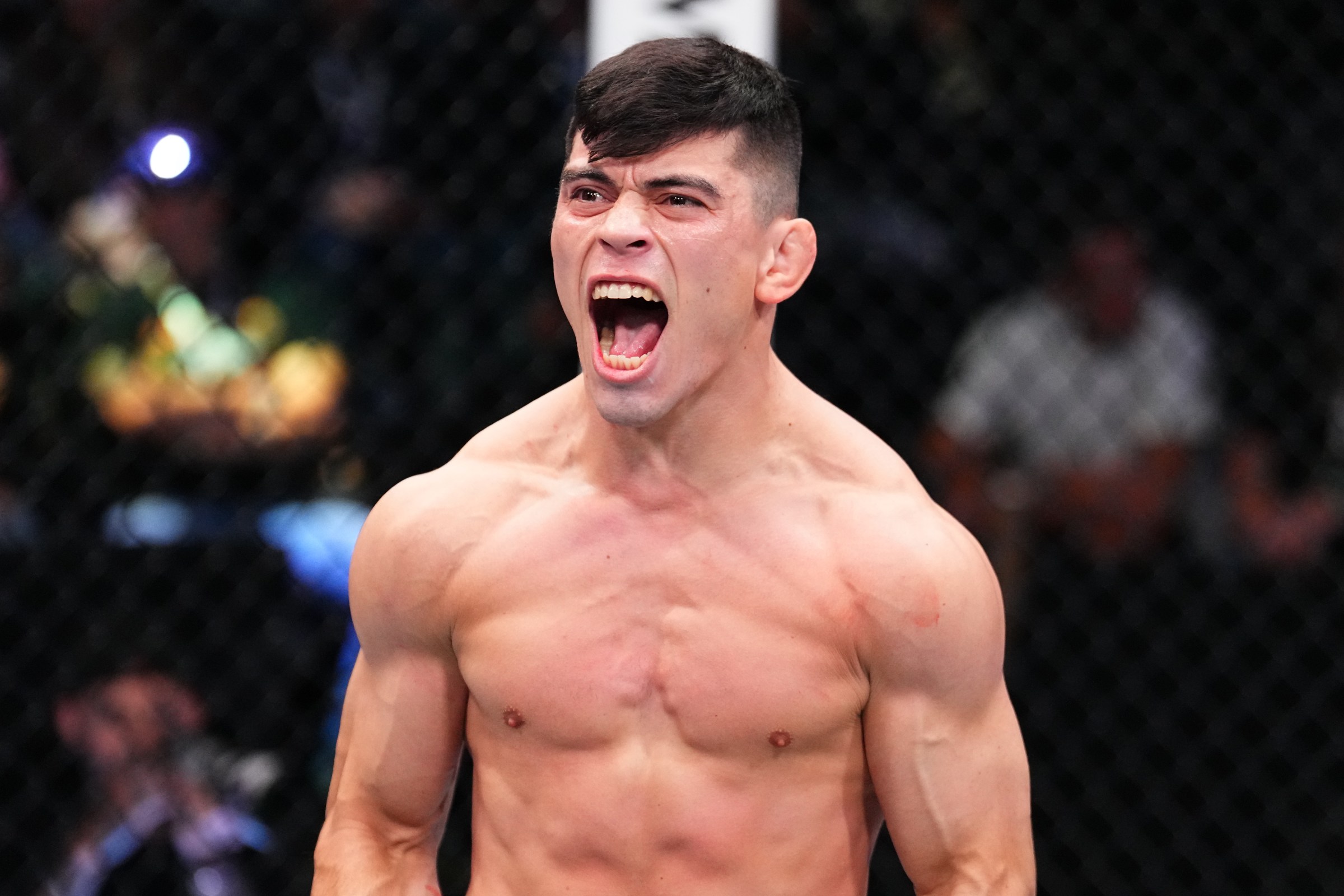 LAS VEGAS, NEVADA - MARCH 14: Kevin Vallejos of Argentina reacts after a knockout victory against Josh Emmett in a featherweight fight during the UFC Fight Night event at Meta APEX on March 14, 2026 in Las Vegas, Nevada. (Photo by Chris Unger/Zuffa LLC)