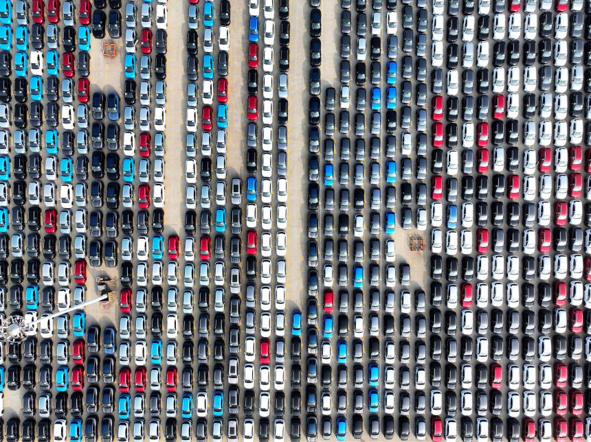 Domestic vehicles waiting to be loaded onto a ro-ro ship for export at Lianyungang Port, in Lianyungang, China, on March 21, 2026.