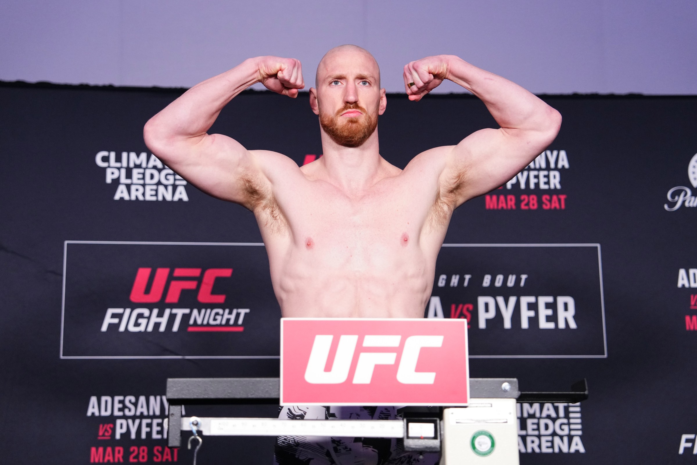 SEATTLE, WASHINGTON - MARCH 27: Joe Pyfer poses on the scale during the UFC Fight Night official weigh-ins at Hyatt Regency Seattle on March 27, 2026 in Seattle, Washington. (Photo by Jeff Bottari/Zuffa LLC)