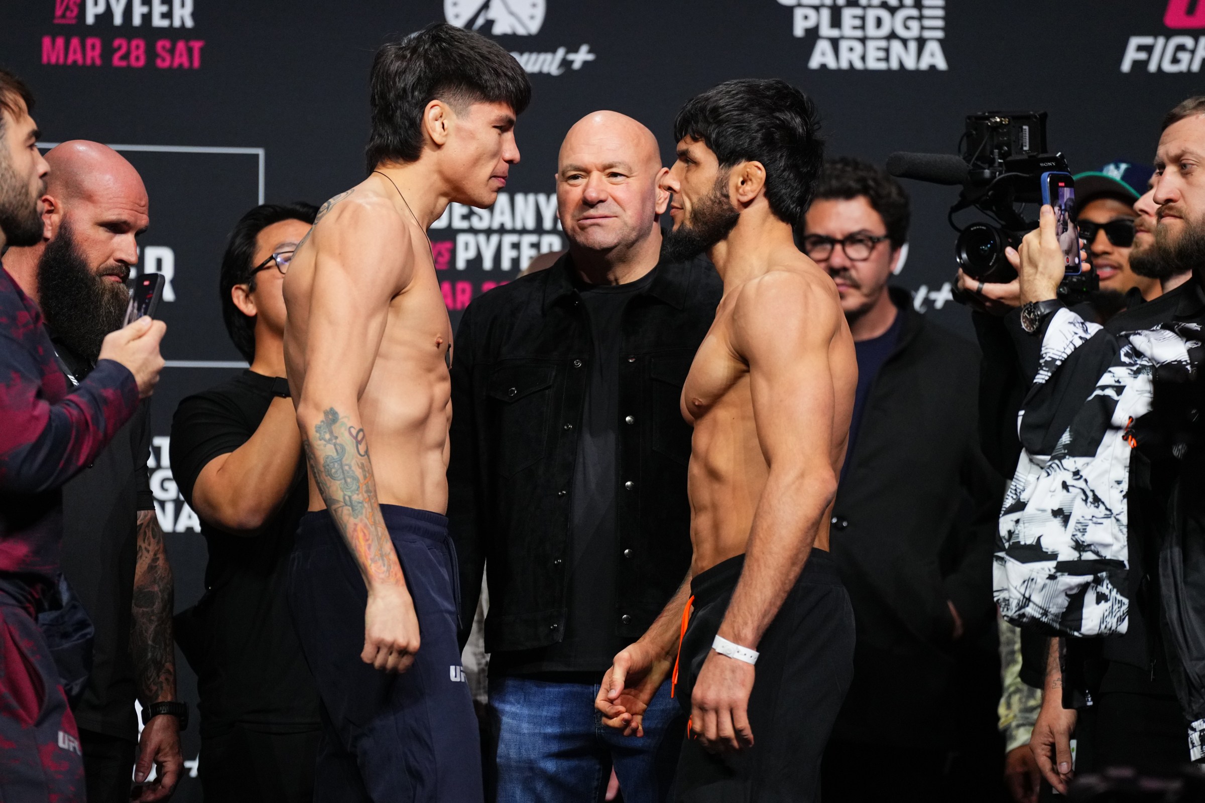 SEATTLE, WASHINGTON - MARCH 27: (L-R) Opponents Ignacio Bahamondes of Chile and Tofiq Musayev of Azerbaijan face off during the UFC Fight Night ceremonial weigh-in at Climate Pledge Arena on March 27, 2026 in Seattle, Washington. (Photo by Jeff Bottari/Zuffa LLC)