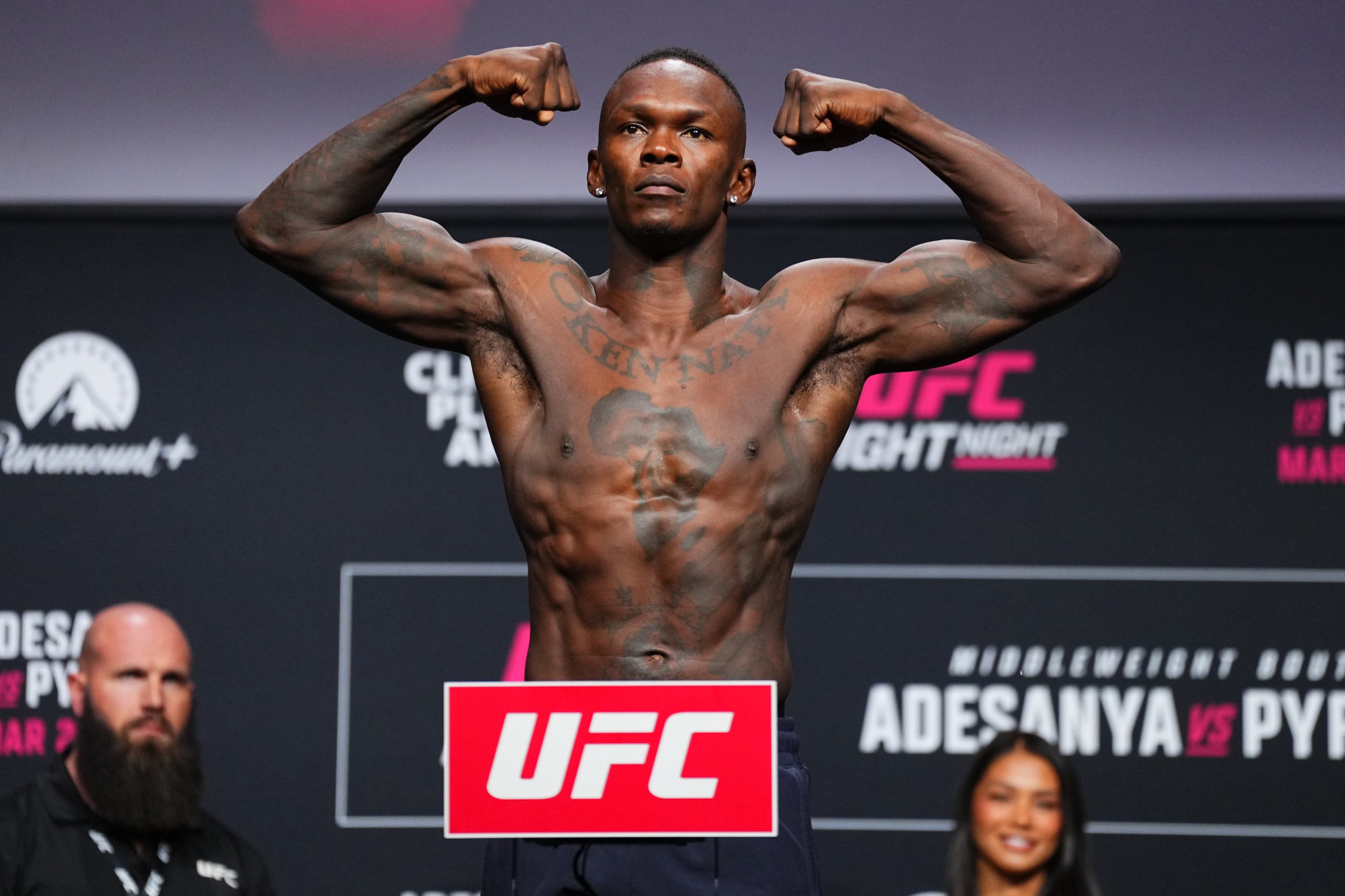 SEATTLE, WASHINGTON - MARCH 27: Israel Adesanya of Nigeria poses on the scale during the UFC Fight Night ceremonial weigh-in at Climate Pledge Arena on March 27, 2026 in Seattle, Washington. (Photo by Jeff Bottari/Zuffa LLC)