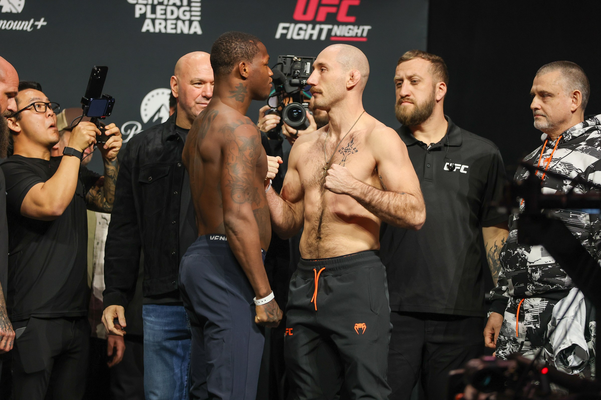 SEATTLE, WASHINGTON - MARCH 27: Opponents Terrance McKinney (L) and Kyle Nelson face off during UFC Fight Night: Adesanya v Pyfer Ceremonial Weigh-in at Climate Pledge Arena on March 27, 2026 in Seattle, Washington. (Photo by Mat Hayward/Getty Images)