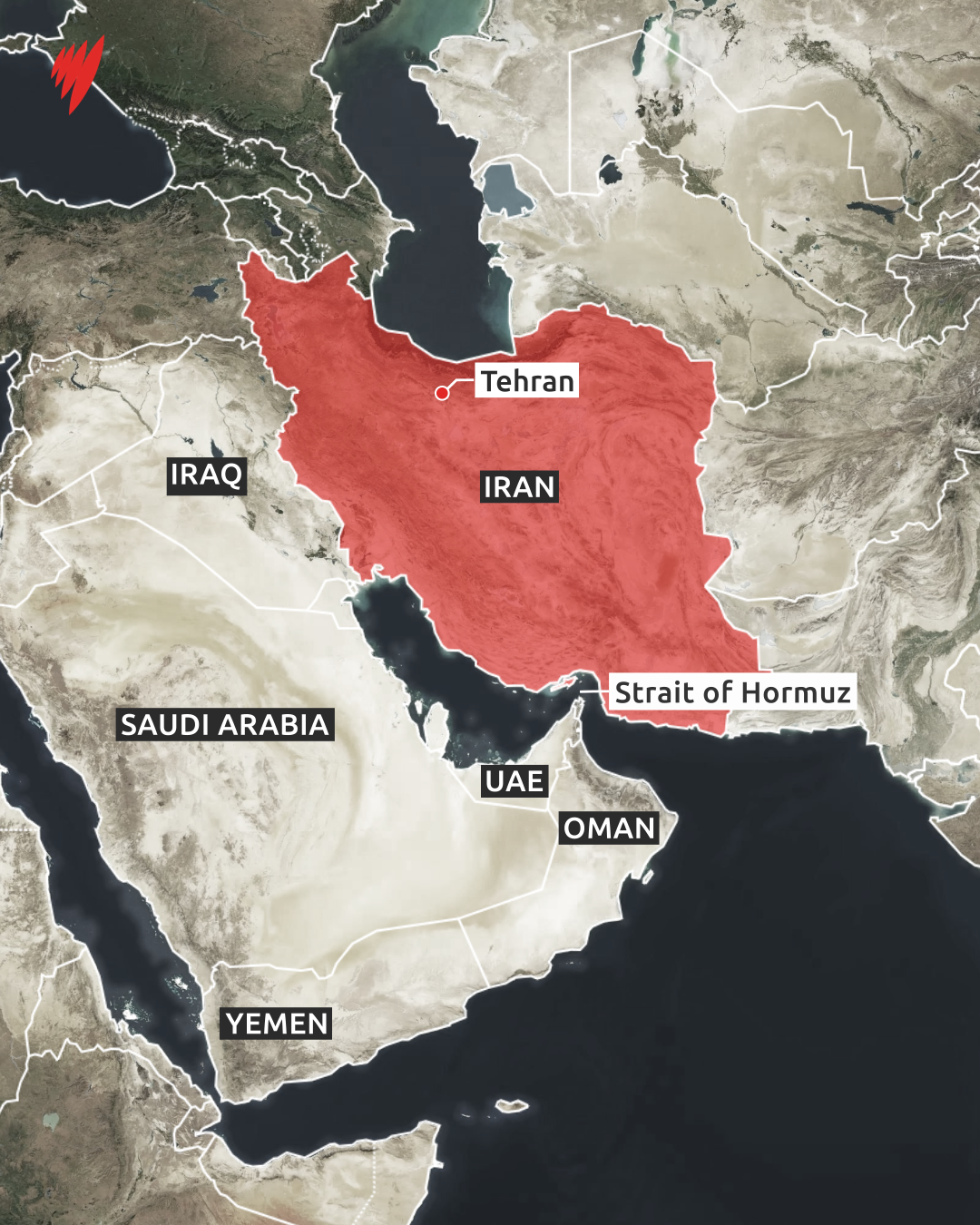 Map of Iran highlighted in red, showing Tehran and the Strait of Hormuz, with neighbouring countries including Iraq, Saudi Arabia, the United Arab Emirates, Oman and Yemen labelled.